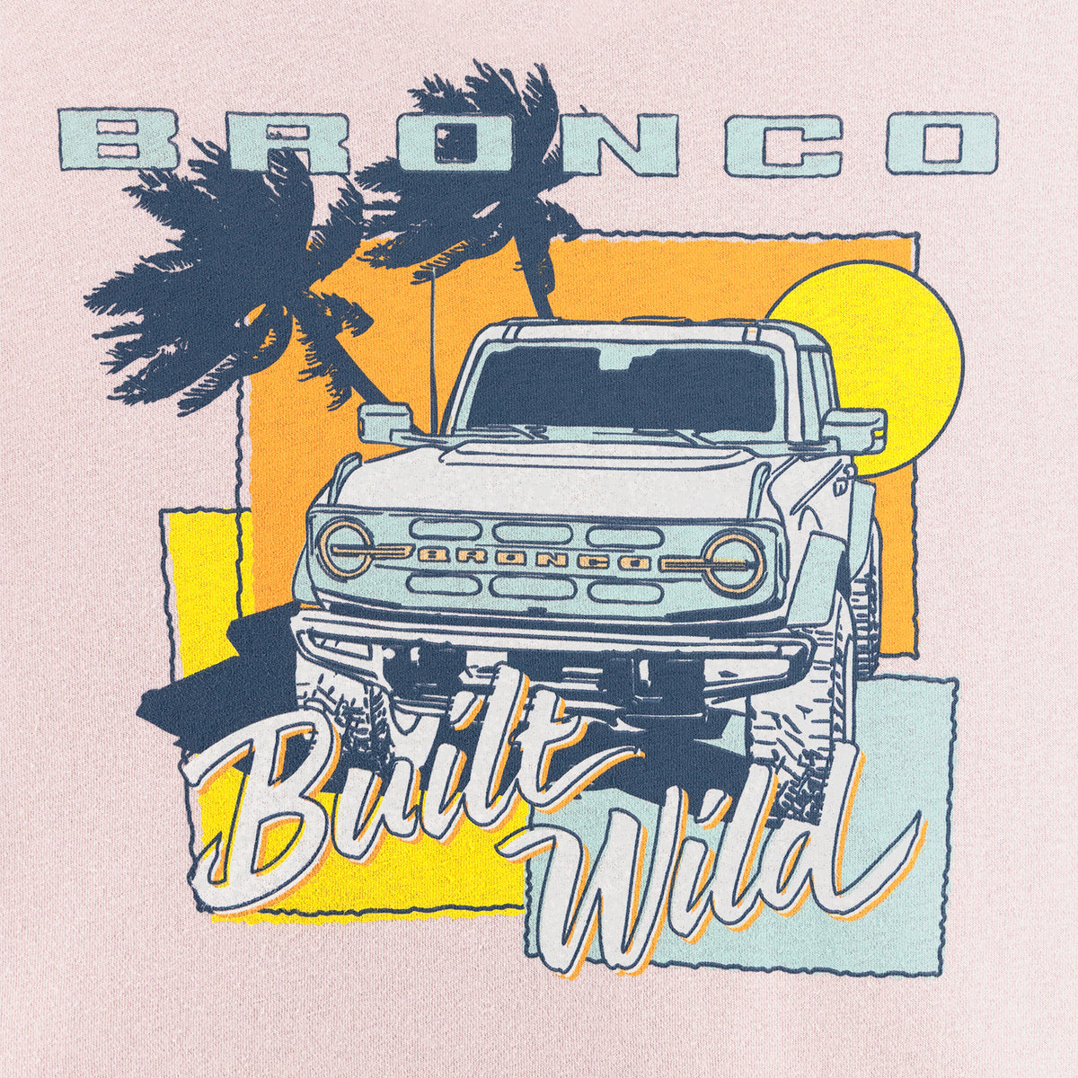 Illustration of a Bronco truck with palm trees and 'Bullitt Wild' text on a light pink background