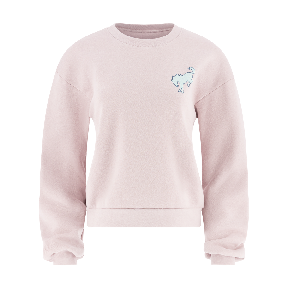 Pink sweatshirt with a small bronco graphic on the chest against a white background