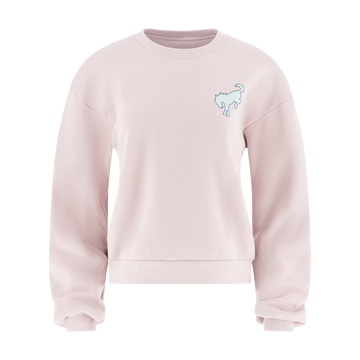 Pink sweatshirt with a small bronco graphic on the chest against a white background