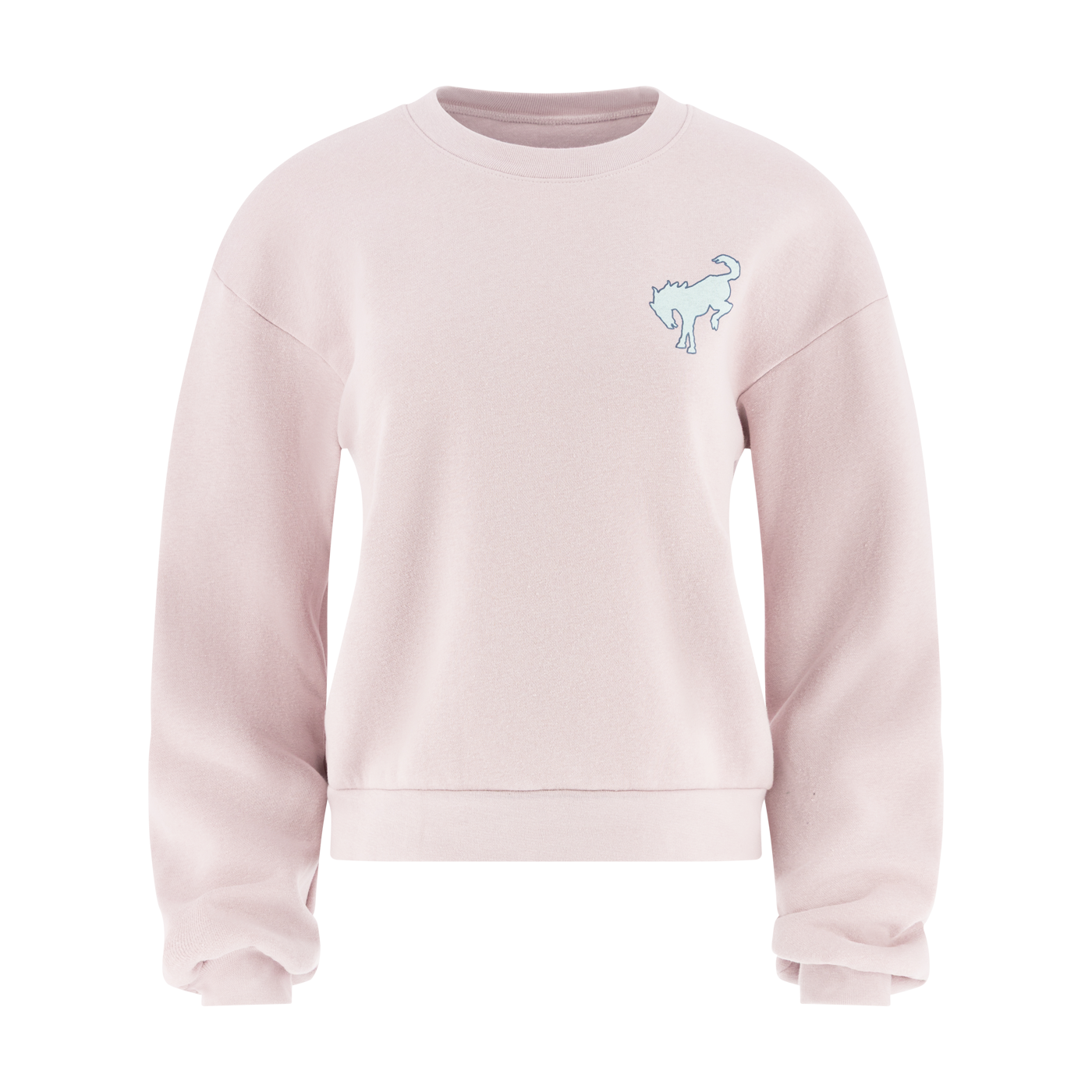 Pink sweatshirt with a small bronco graphic on the chest against a white background