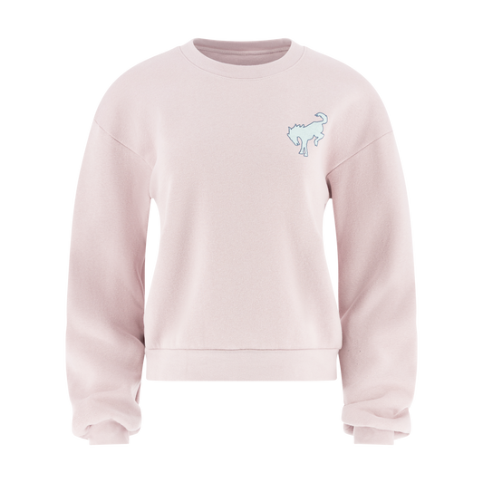 Pink sweatshirt with a small bronco graphic on the chest against a white background