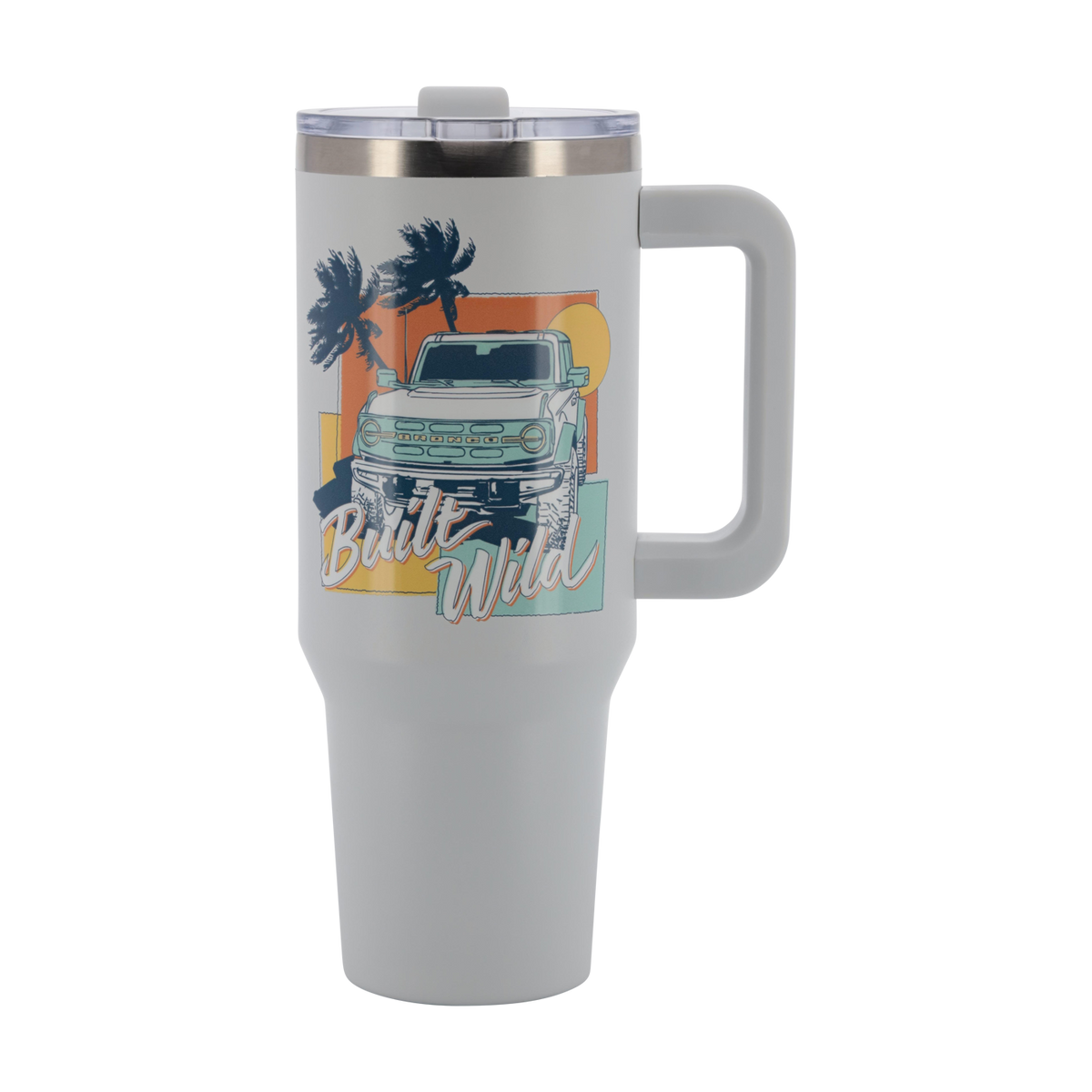Travel mug with a graphic of a Ford Bronco  truck and palm trees on a white background