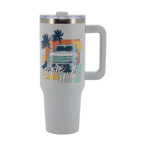 Travel mug with a graphic of a Ford Bronco  truck and palm trees on a white background