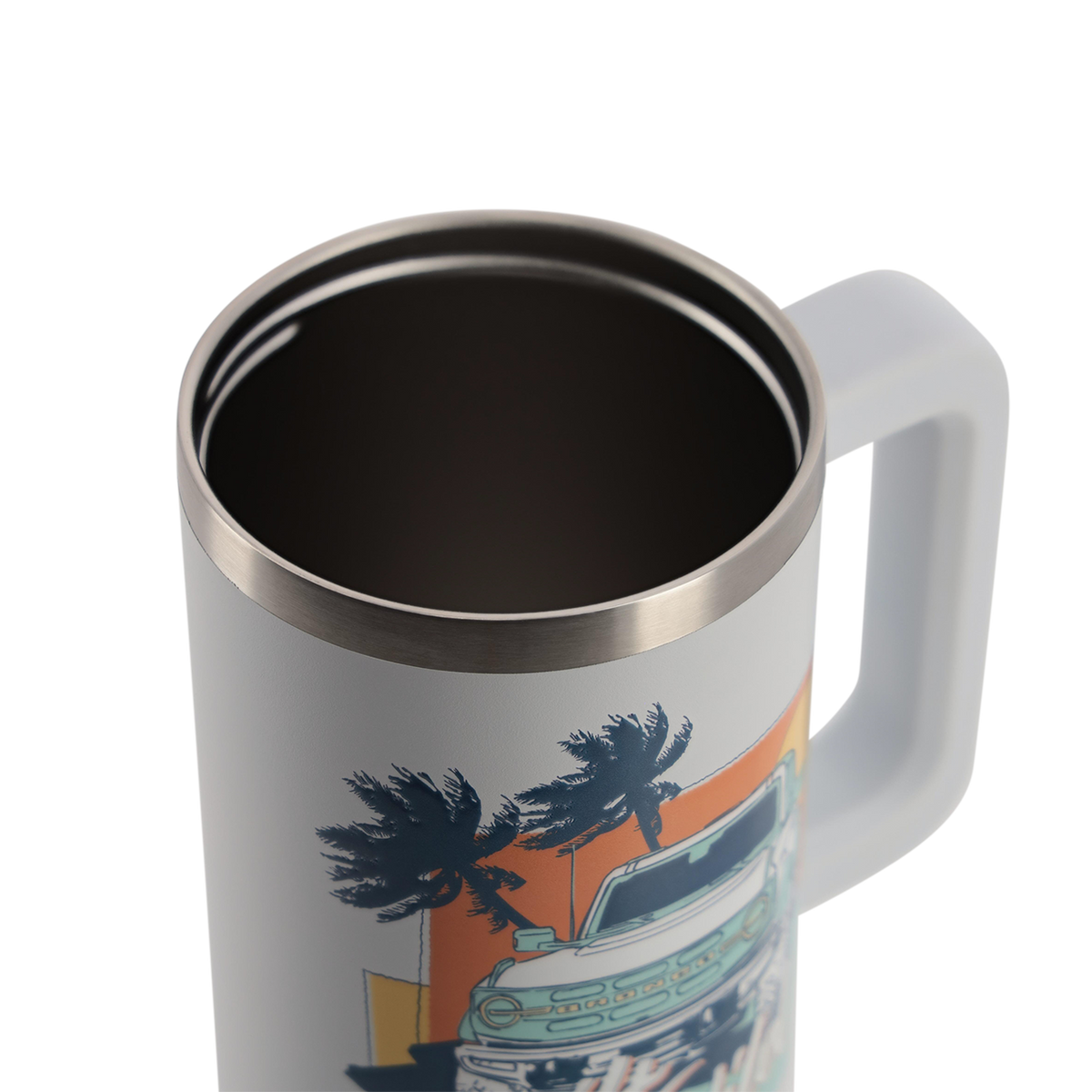 White mug with a handle featuring a palm tree and building design on a white background