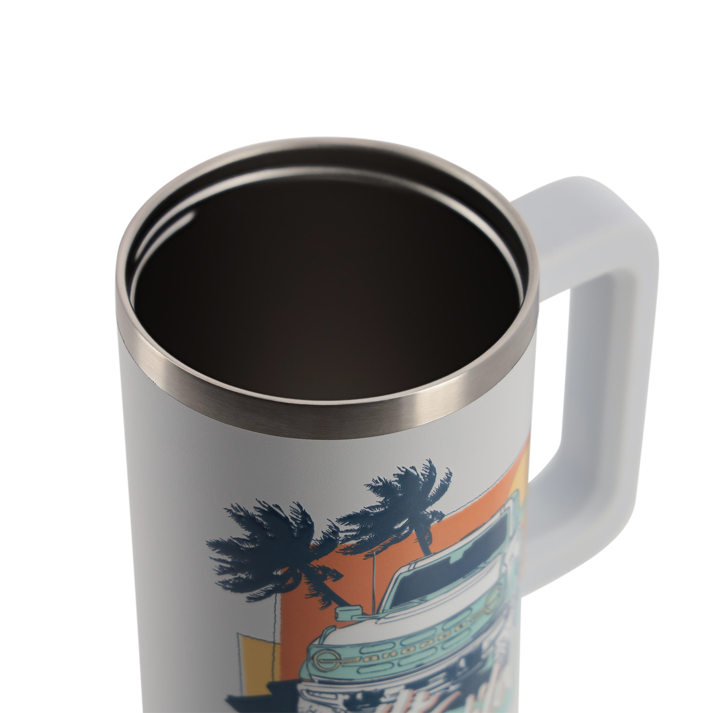White mug with a handle featuring a palm tree and building design on a white background