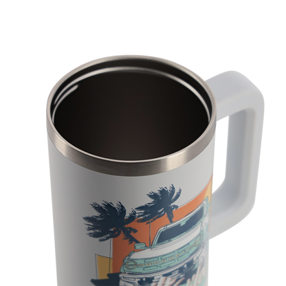 White mug with a handle featuring a palm tree and building design on a white background