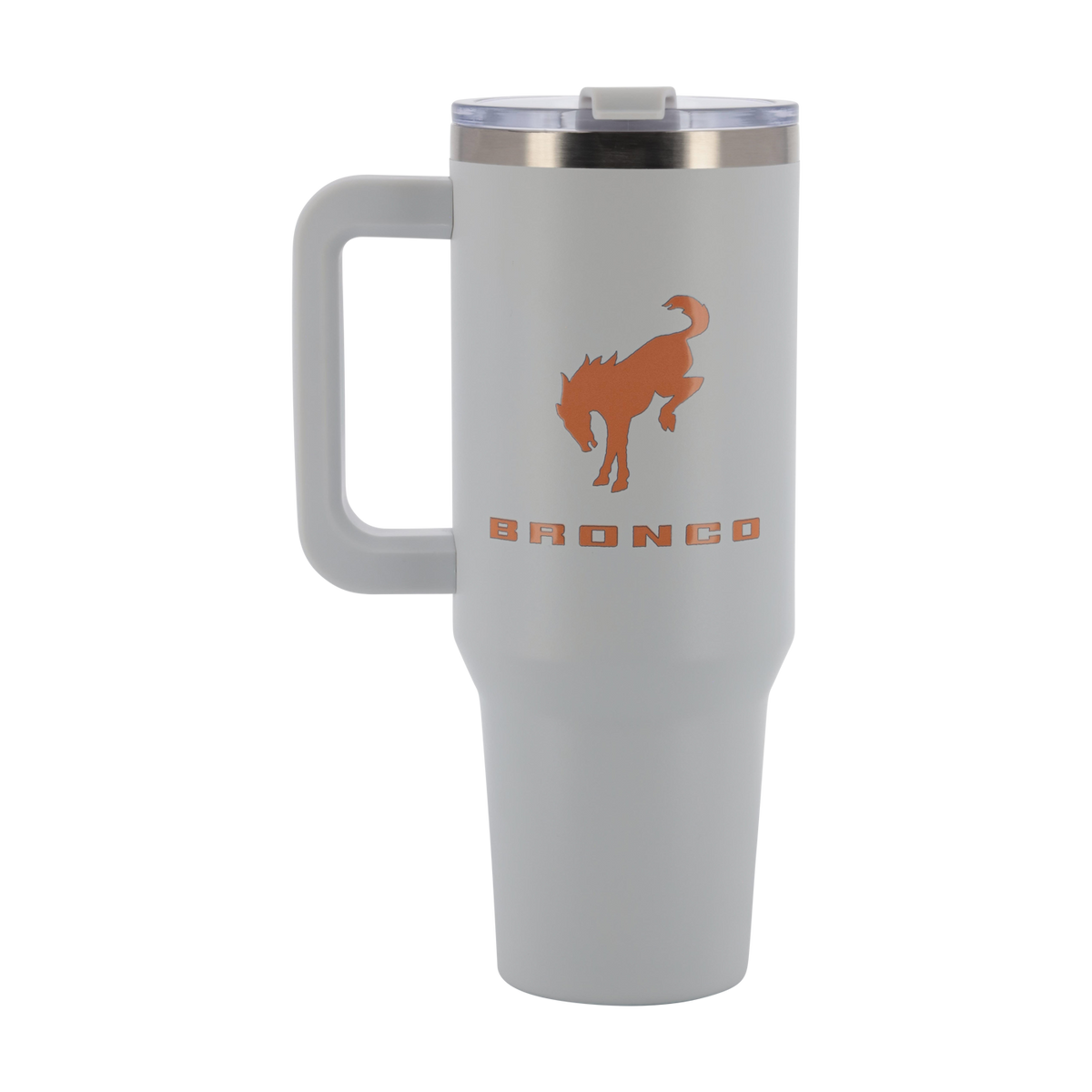 White travel mug with orange 'Bronco' logo on a white background