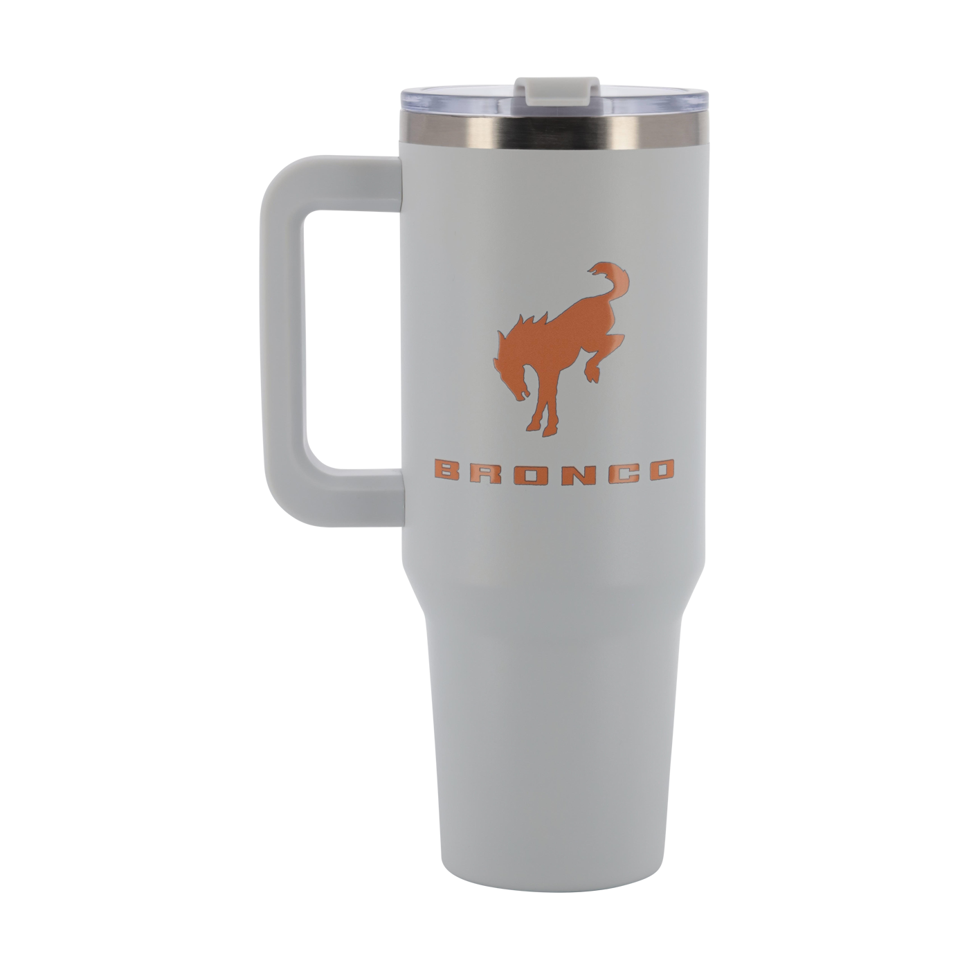 White travel mug with orange 'Bronco' logo on a white background