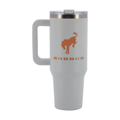 White travel mug with orange 'Bronco' logo on a white background