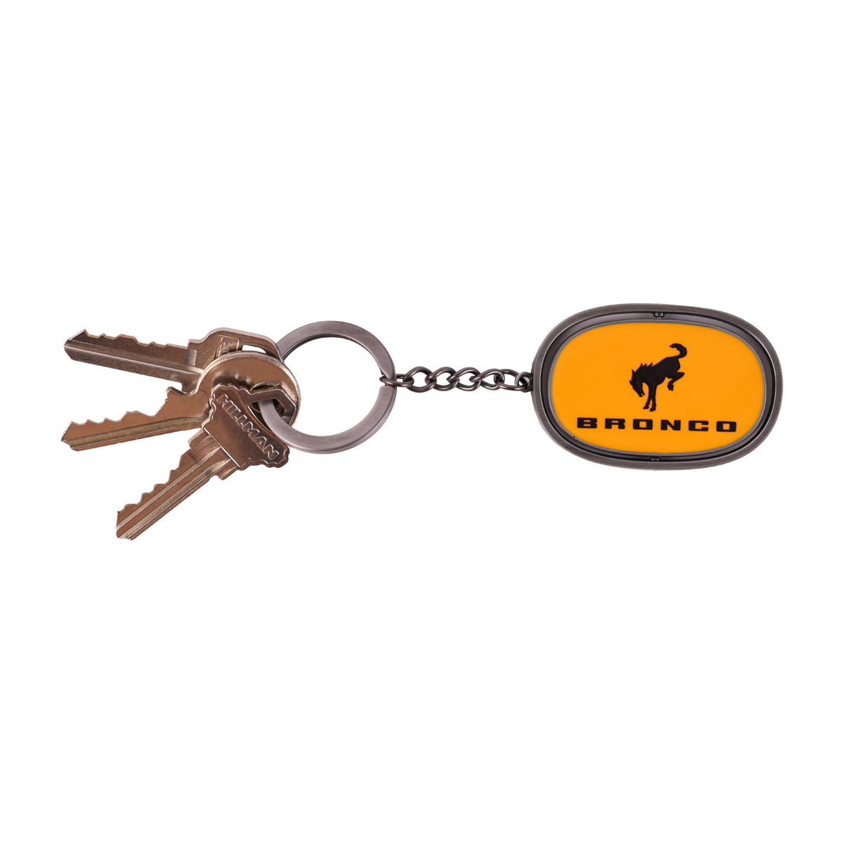 orange Bronco key chain with a key ring and keys attached