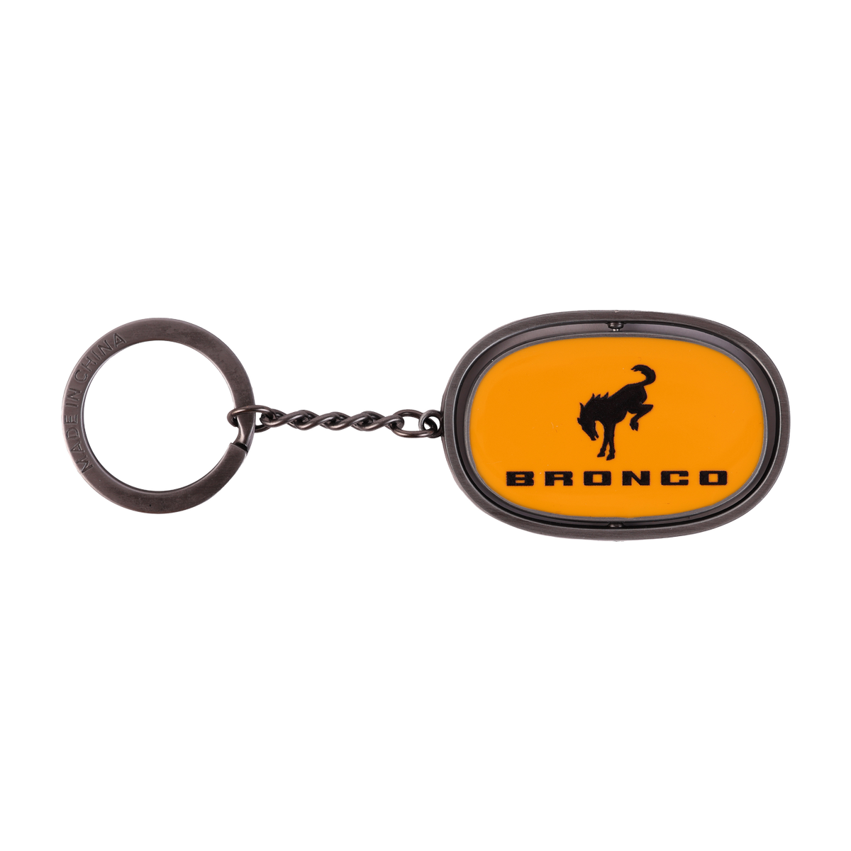orange Bronco built wild keychain with a bronco silhouette and Bronco text