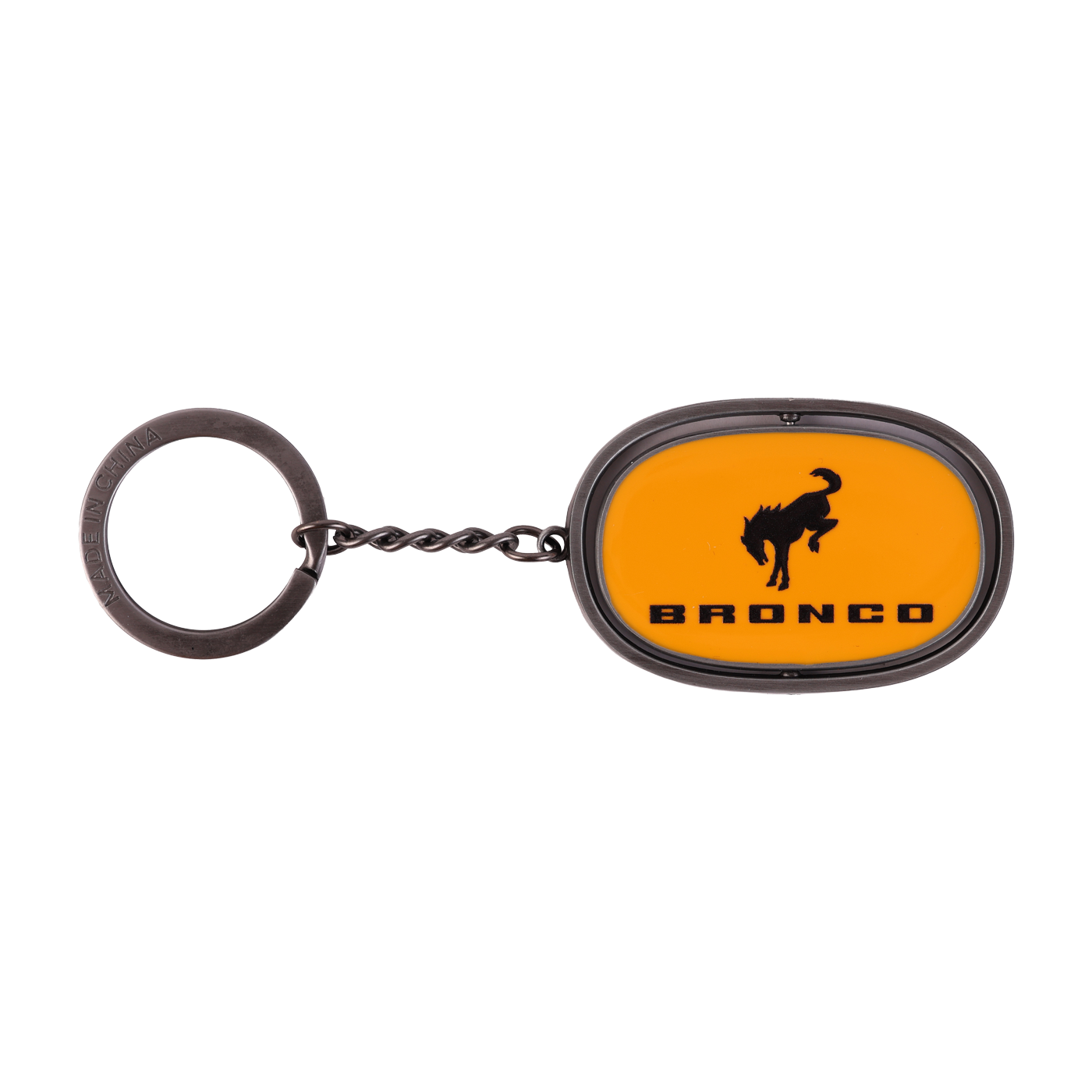 orange Bronco built wild keychain with a bronco silhouette and Bronco text