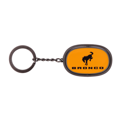 orange Bronco built wild keychain with a bronco silhouette and Bronco text