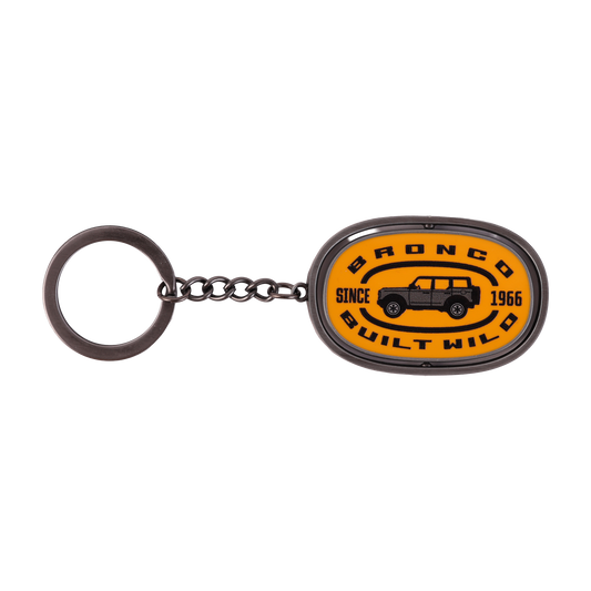 orange Bronco Built Wild key chain with a key ring