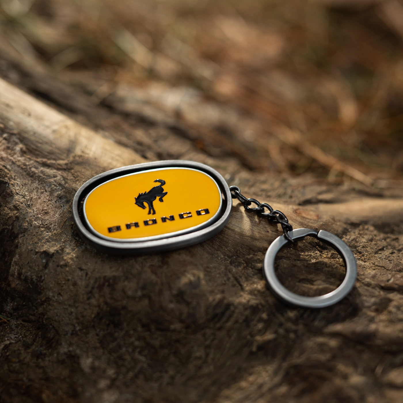 Bronco keychain on a wooden surface