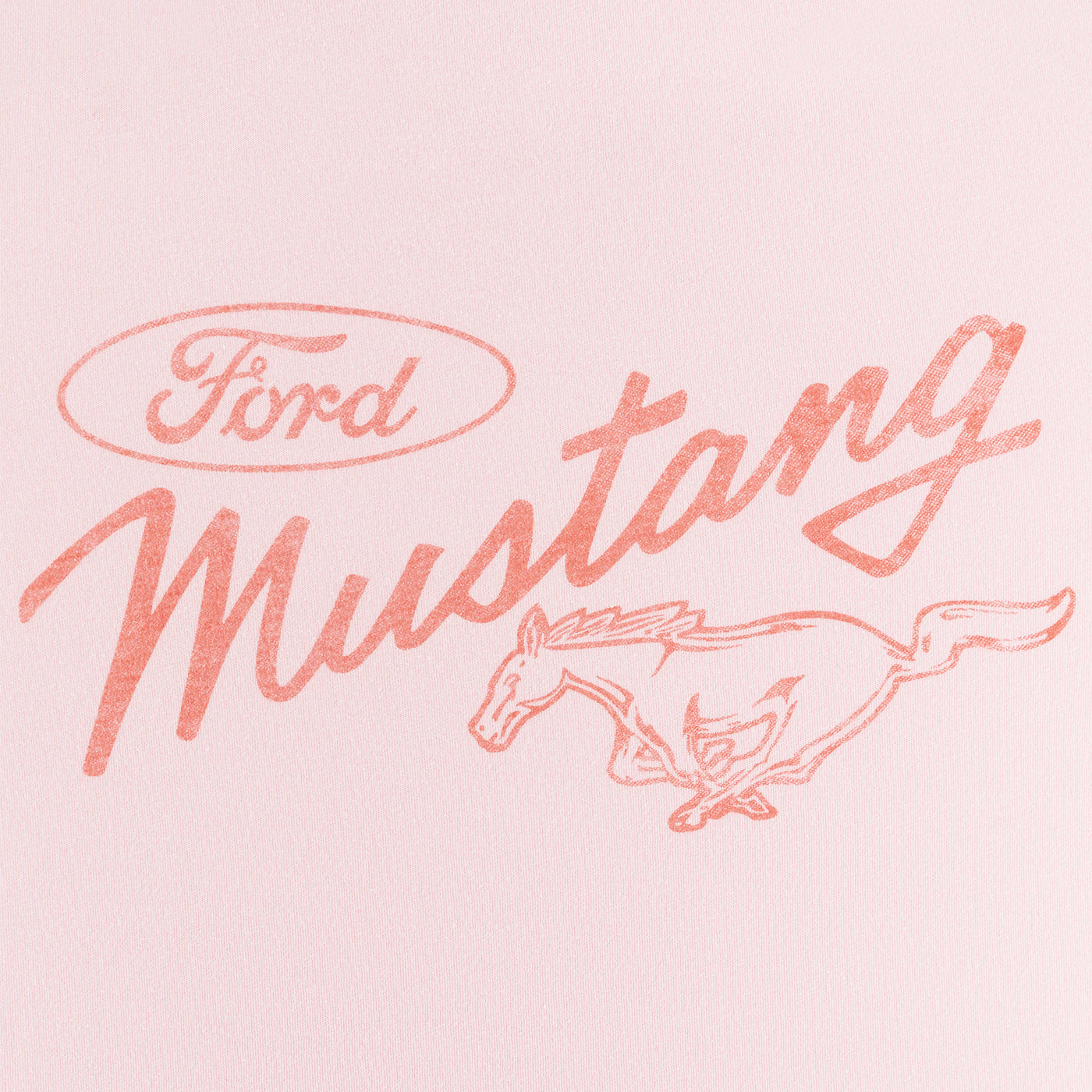 Ford mustang script and pony logo in orange on a light pink background