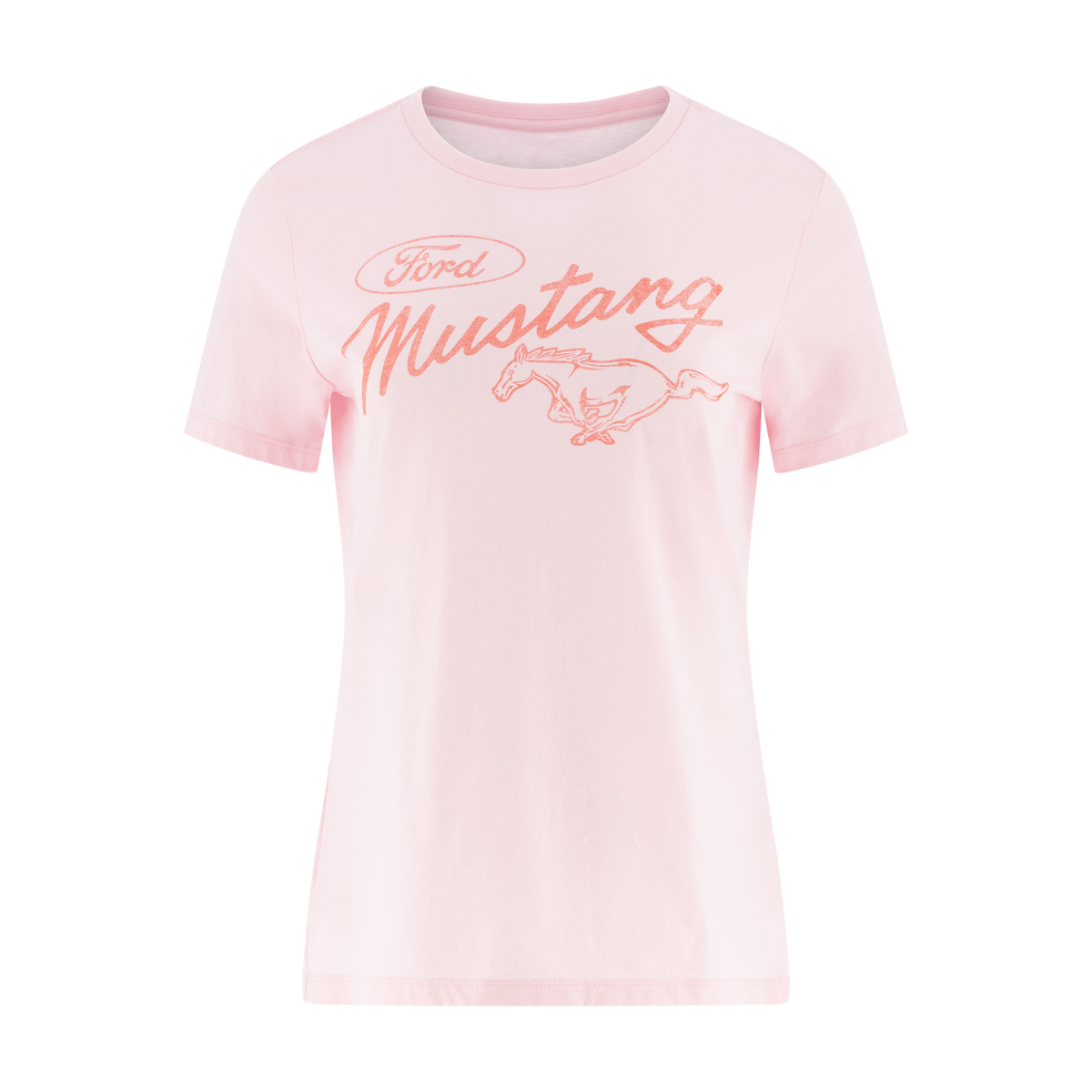 Pink Ford Mustang t-shirt  with orange mustang script and pony logo