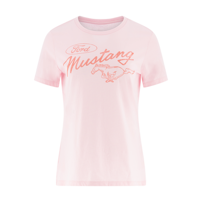 Pink Ford Mustang t-shirt  with orange mustang script and pony logo