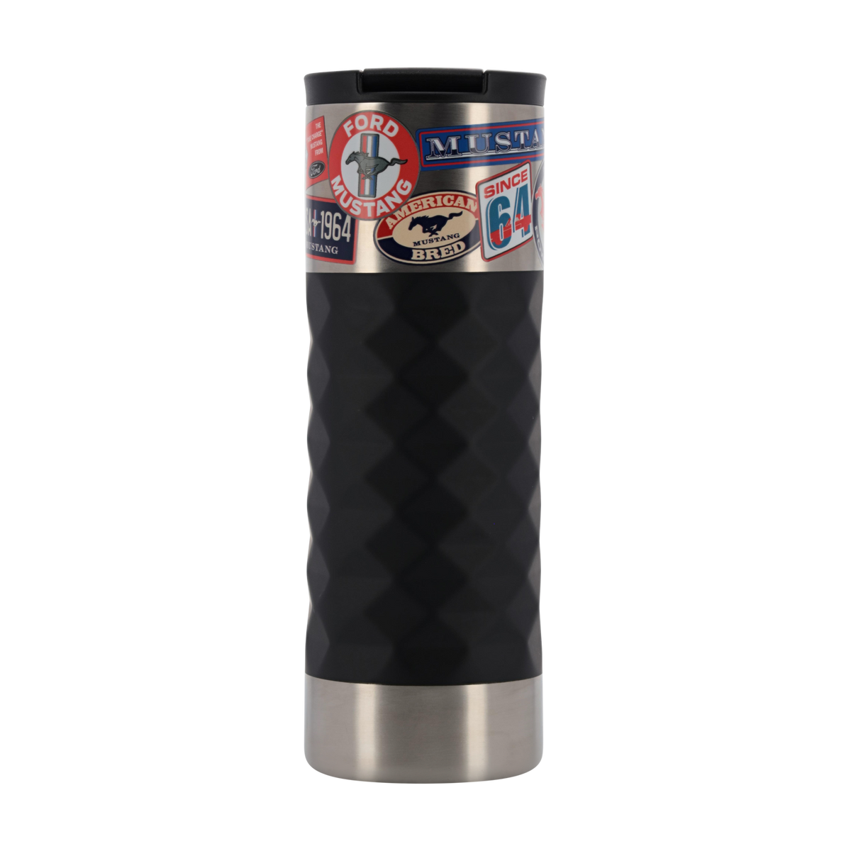 Silver and black mustang tumbler with ford mustang stickers