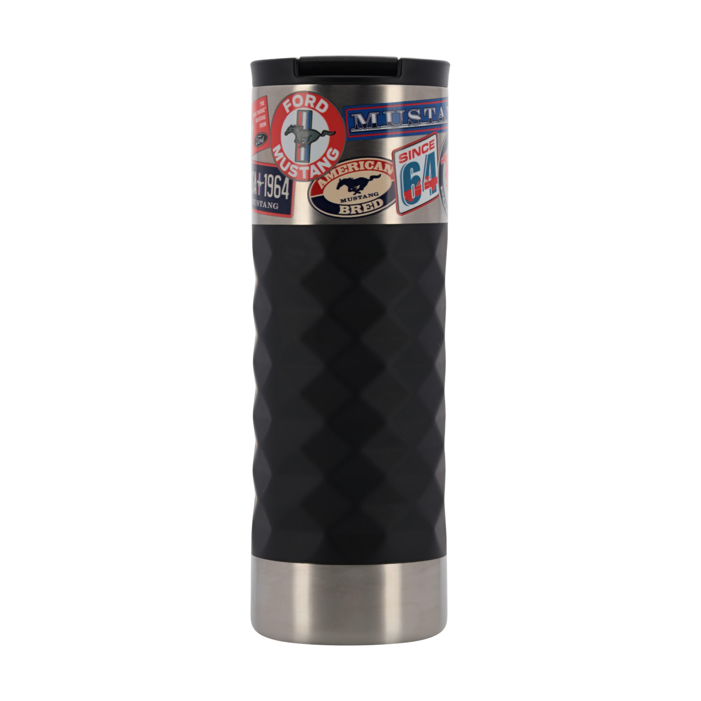 Silver and black mustang tumbler with ford mustang stickers