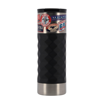 Silver and black mustang tumbler with ford mustang stickers