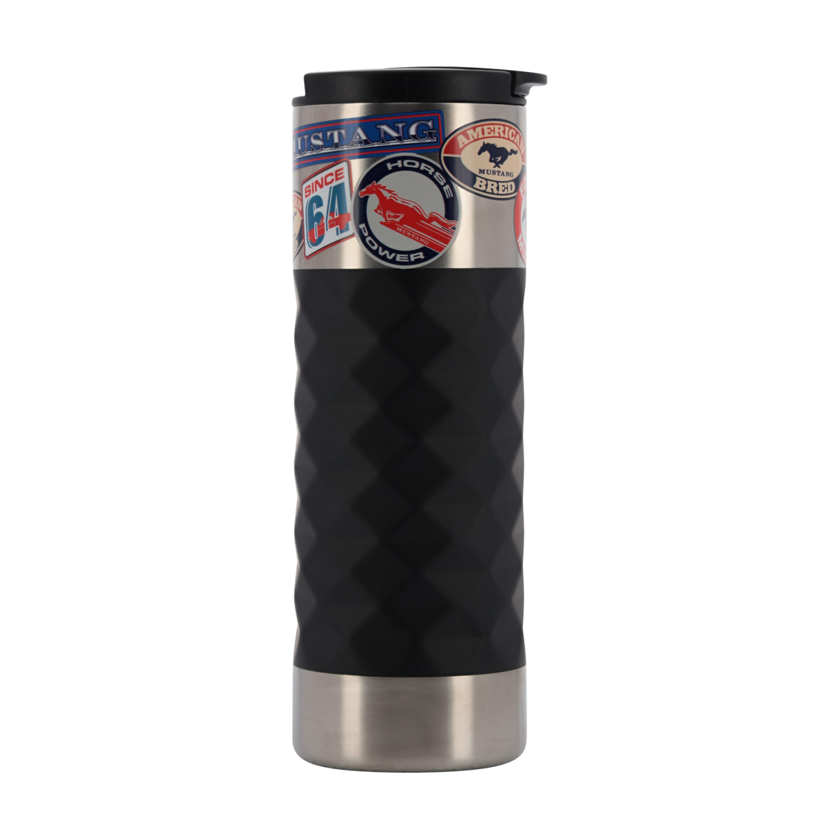 Silver and black mustang tumbler with ford mustang stickers