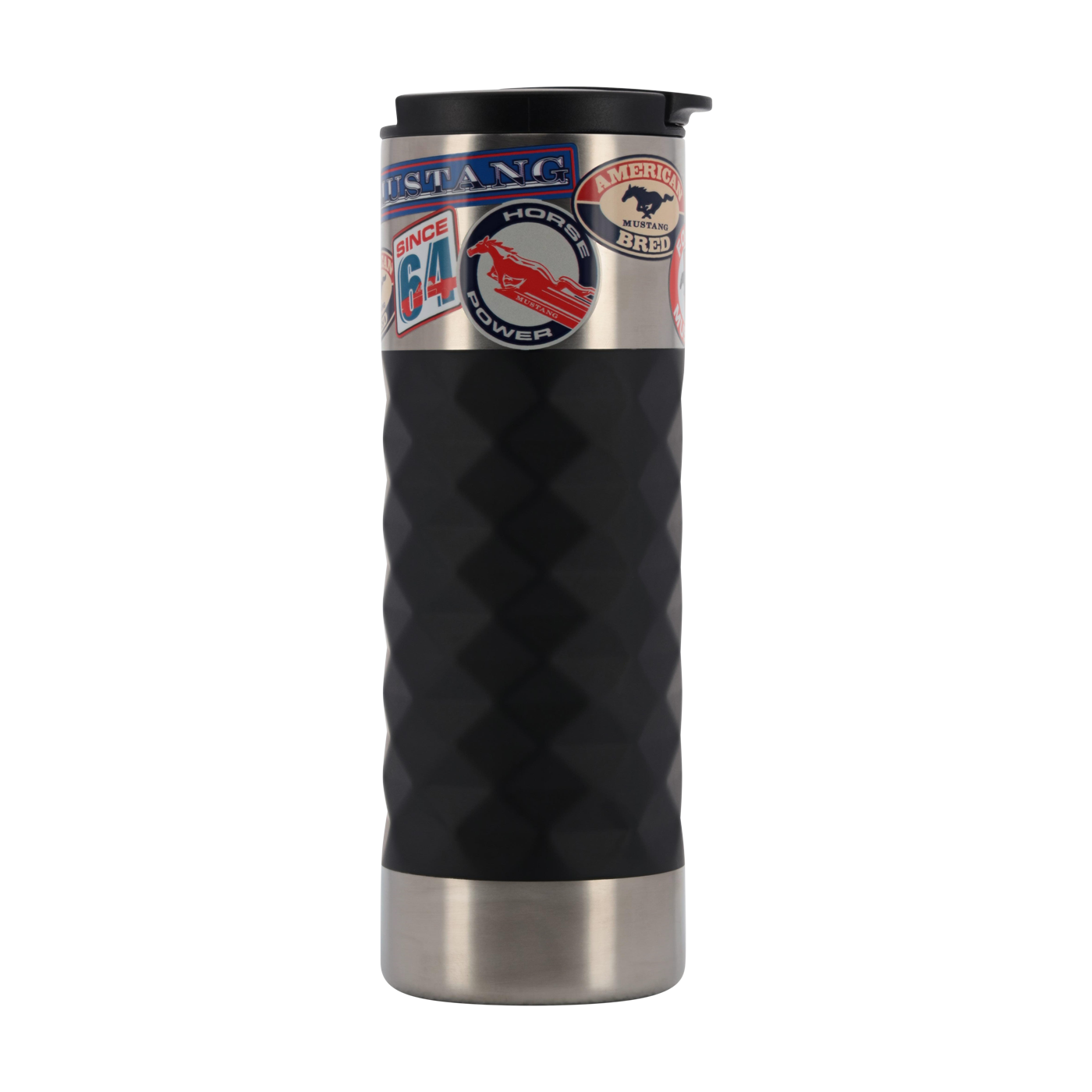 Silver and black mustang tumbler with ford mustang stickers