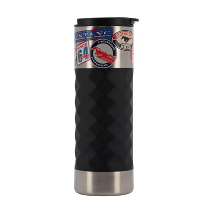 Silver and black mustang tumbler with ford mustang stickers