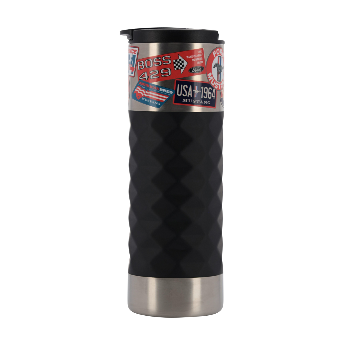 Silver and black mustang tumbler with ford mustang stickers