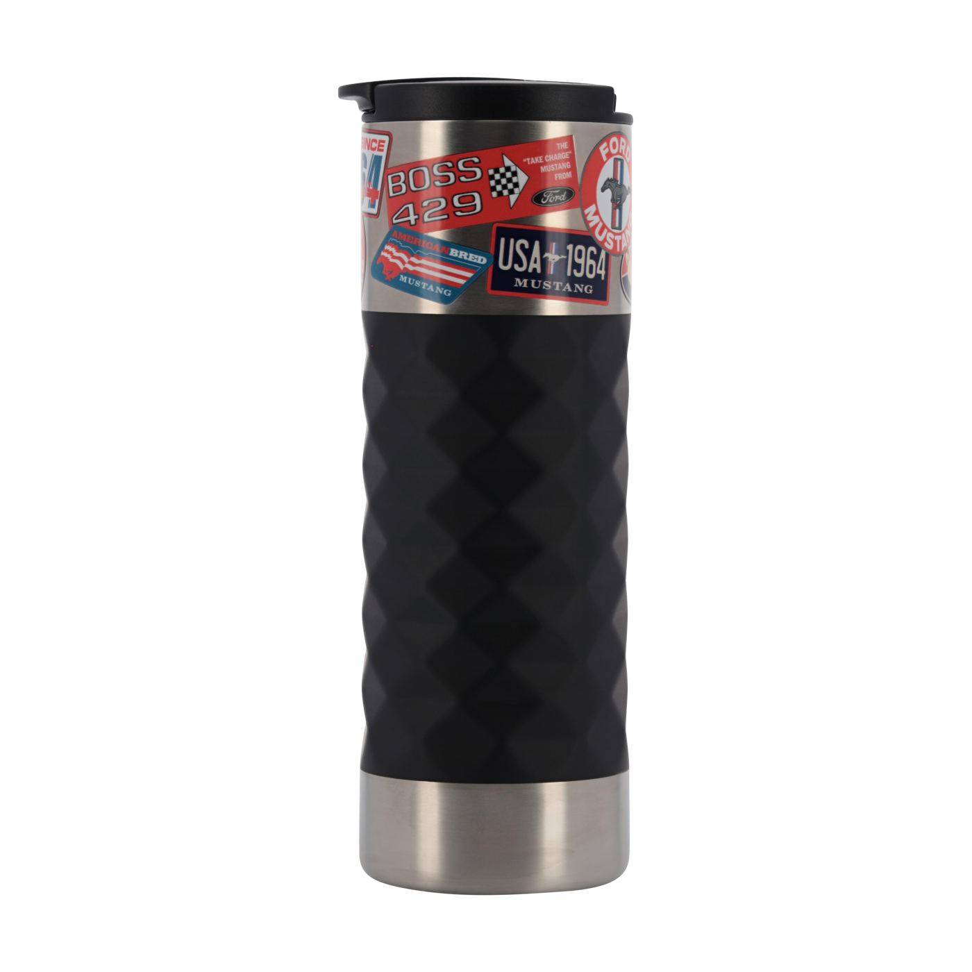 Silver and black mustang tumbler with ford mustang stickers