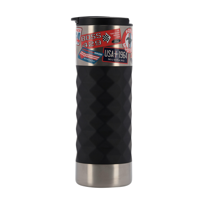 Silver and black mustang tumbler with ford mustang stickers