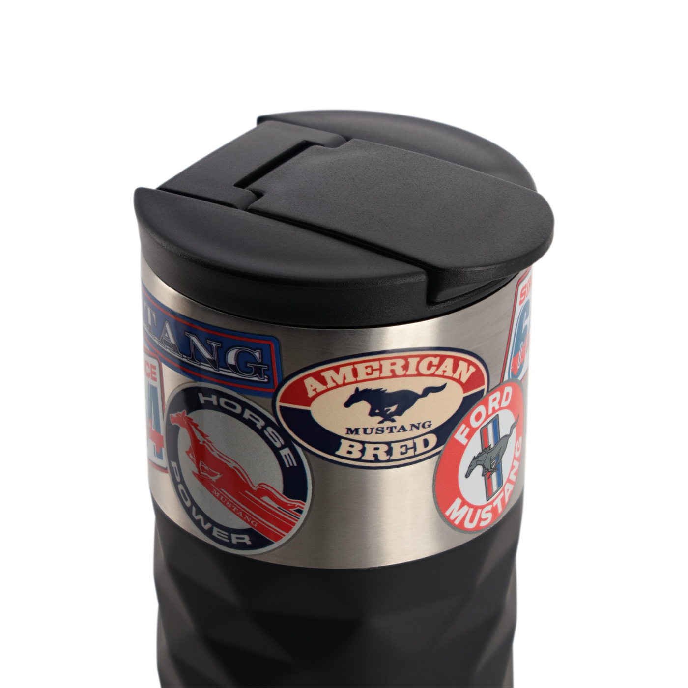 top of a mustang tumbler with a black flip top lid