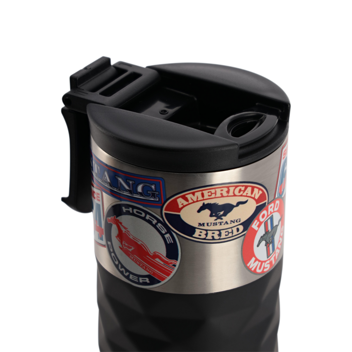 top of a mustang tumbler with a flip top lid open 