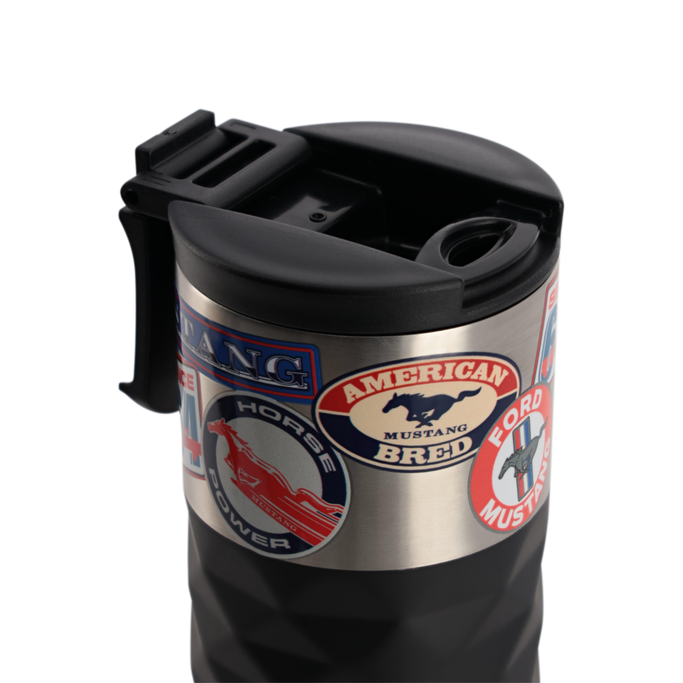 top of a mustang tumbler with a flip top lid open 