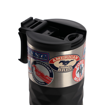 top of a mustang tumbler with a flip top lid open 