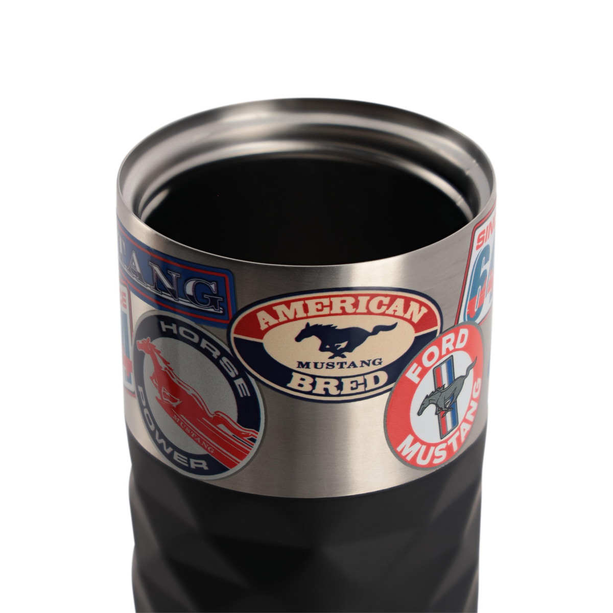 top of a mustang tumbler with the lid unscrewed