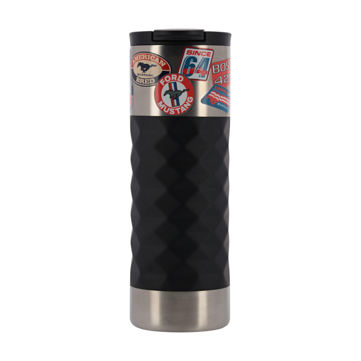 Silver and black mustang tumbler with ford mustang stickers