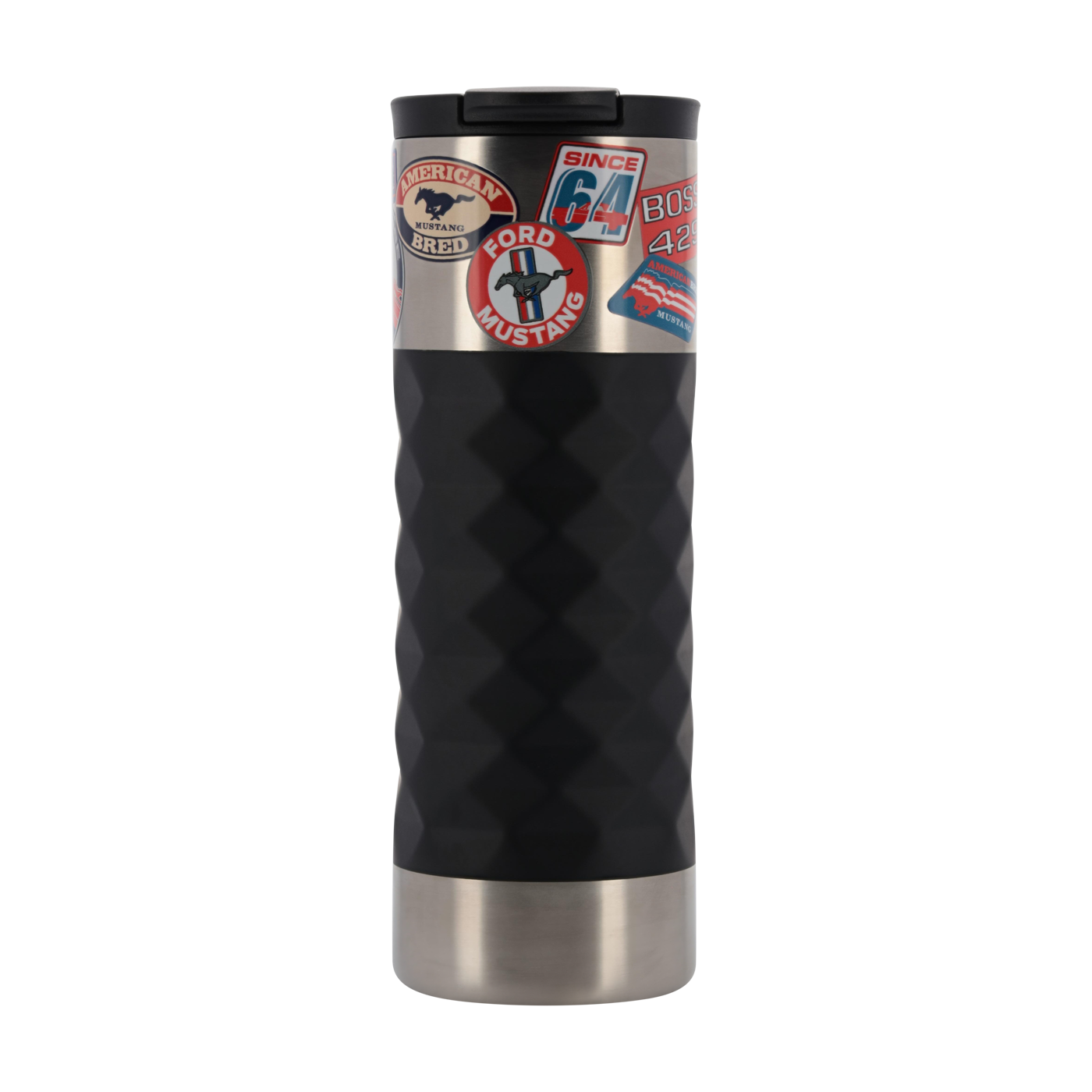 Silver and black mustang tumbler with ford mustang stickers