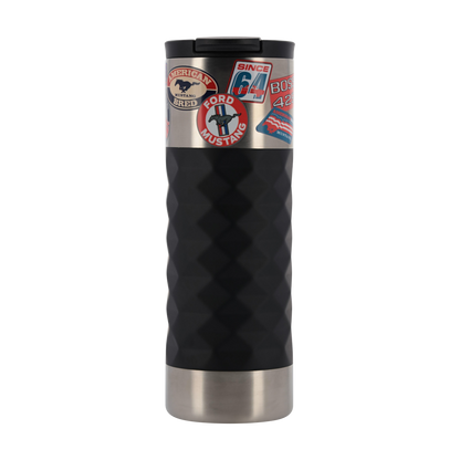 Silver and black mustang tumbler with ford mustang stickers
