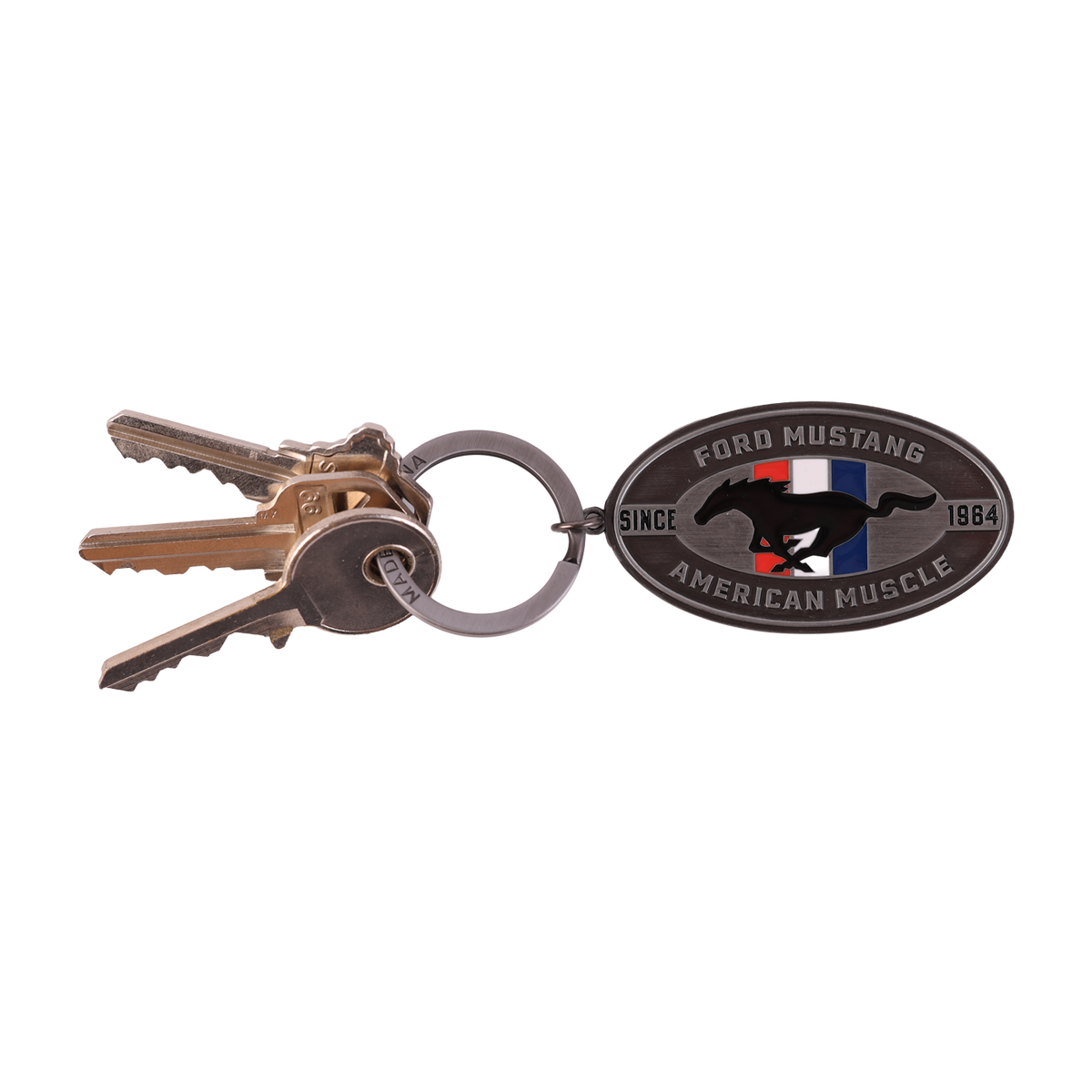 silver ford mustang keychain with tribar logo and since 1964, American Muscle text. with key ring and keys