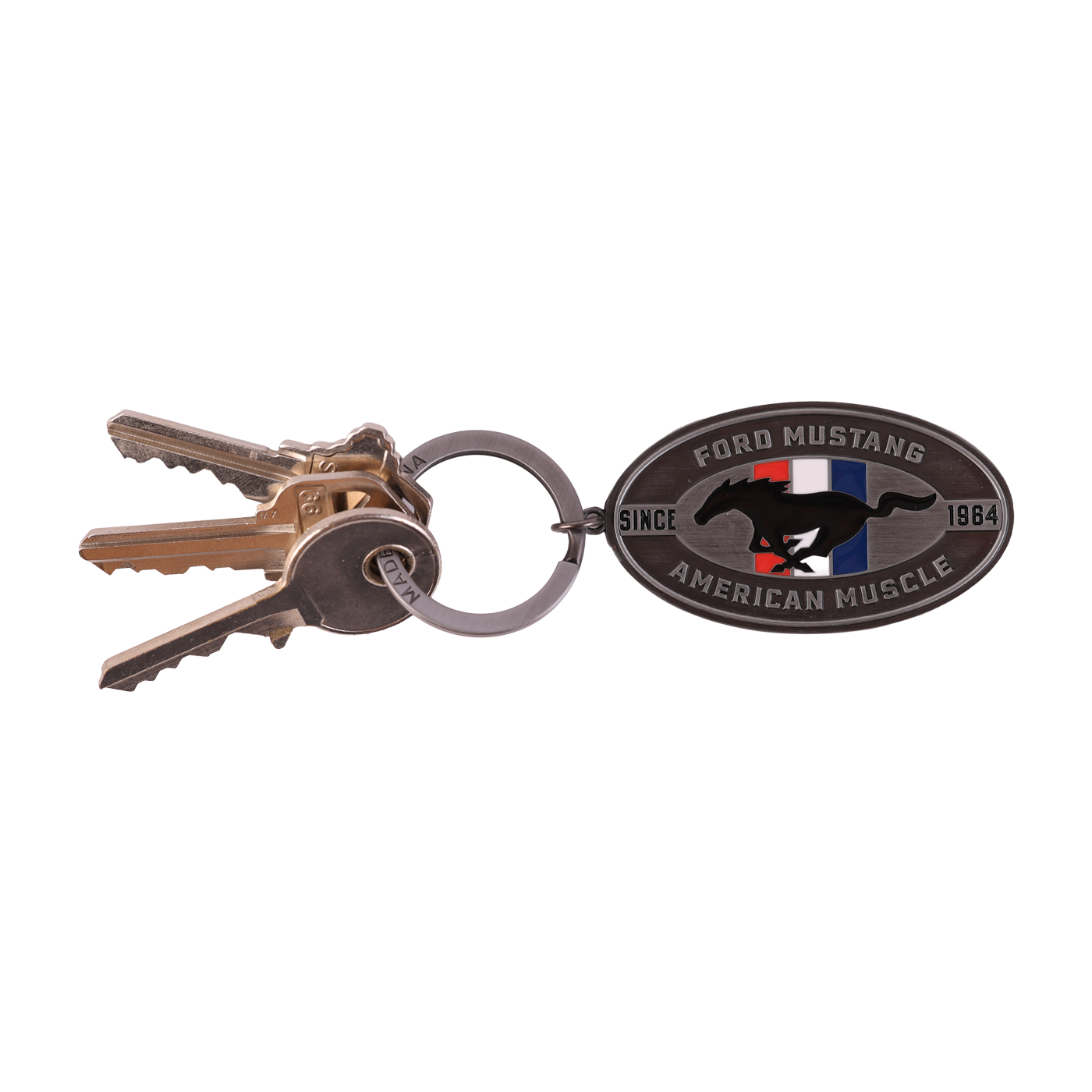 silver ford mustang keychain with tribar logo and since 1964, American Muscle text. with key ring and keys