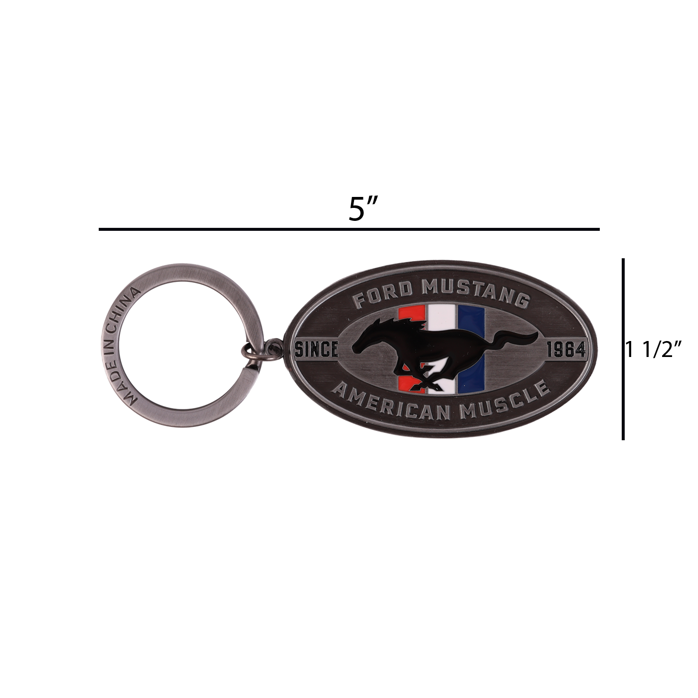 silver ford mustang keychain with tribar logo and since 1964, American Muscle text with measurements in inches