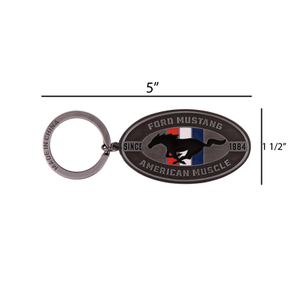 silver ford mustang keychain with tribar logo and since 1964, American Muscle text with measurements in inches