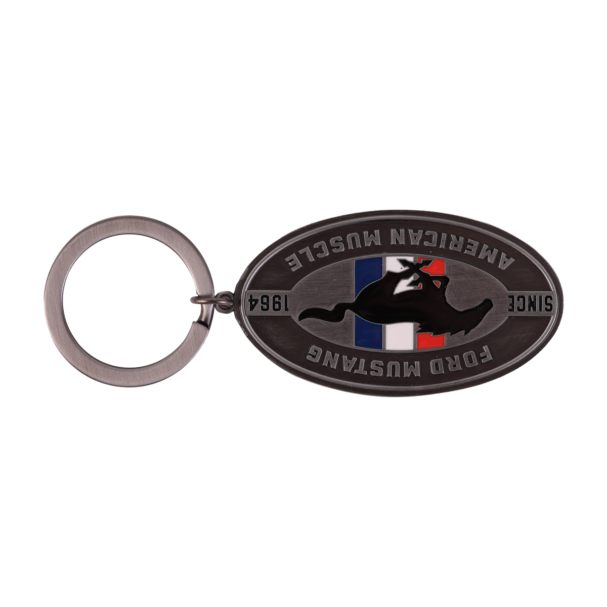 upside down silver ford mustang keychain with tribar logo and since 1964, American Muscle text.