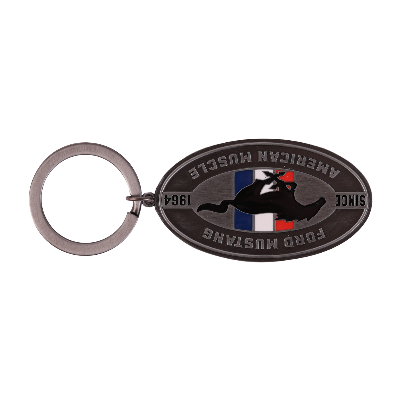 upside down silver ford mustang keychain with tribar logo and since 1964, American Muscle text.