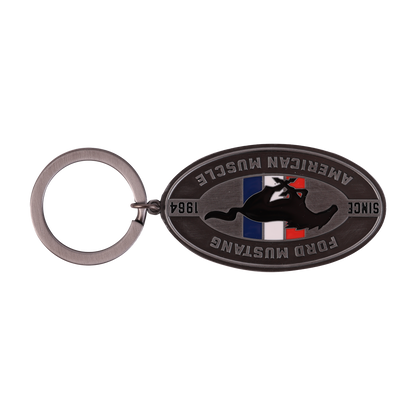 upside down silver ford mustang keychain with tribar logo and since 1964, American Muscle text.