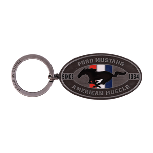 silver ford mustang keychain with tribar logo and since 1964, American Muscle text.