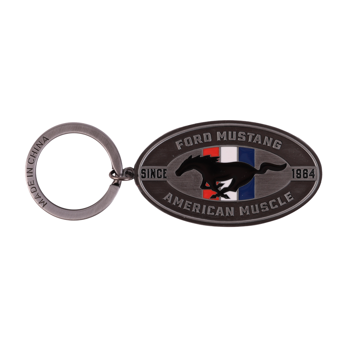 silver ford mustang keychain with tribar logo and since 1964, American Muscle text.