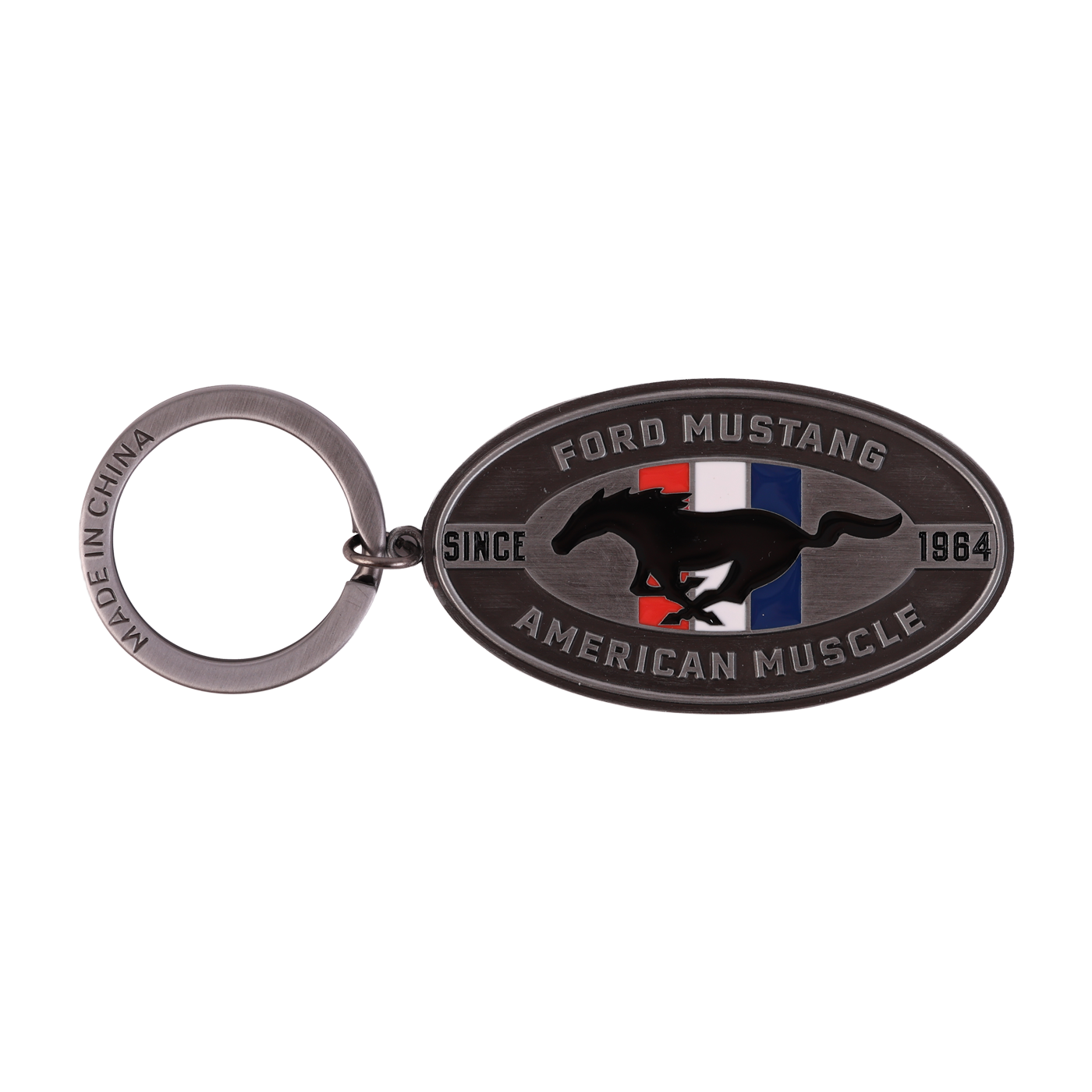 silver ford mustang keychain with tribar logo and since 1964, American Muscle text.