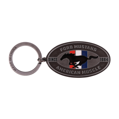 silver ford mustang keychain with tribar logo and since 1964, American Muscle text.